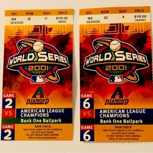 2001 World Series Tickets (2), Game 2 & Games 6, Lanyard & “I Was There” Pin